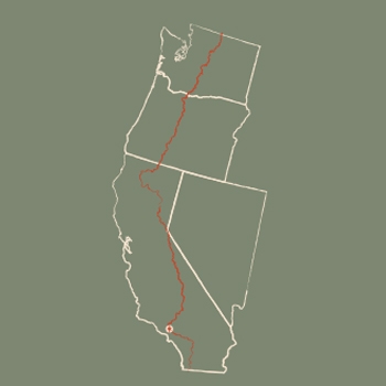 An outlined map showing the PCT trail, stretching from Mexico to Canada.