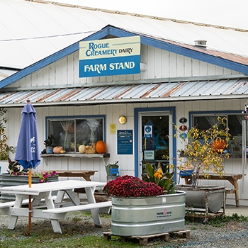 The Rogue Creamery Farm Stand building with cheese products and picnic tables out front.