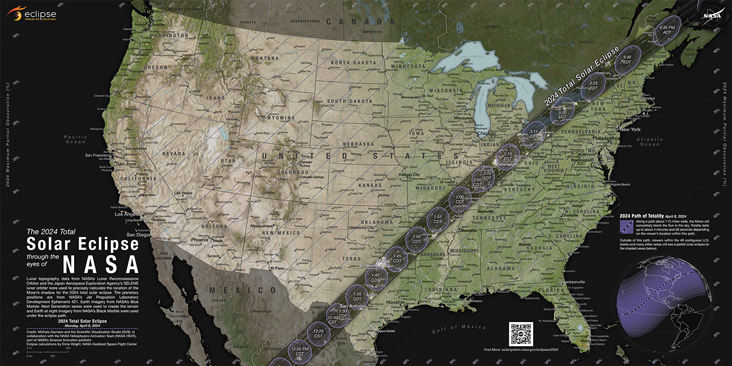 An entire map of the United States showing the path of totality for the total solar eclipse happening on April 8, 2024. The map was created by NASA and also includes partial contours. The path starts in Mexico and extends from Texas to Maine. 
