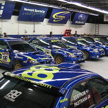 Subaru Motorsports USA cars lined up