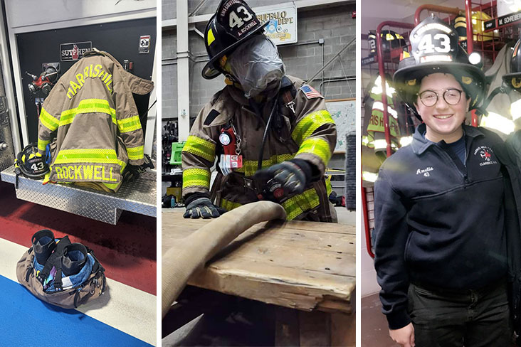 Three pictures joined together as one image. The picture on the right shows Amelia Rockwell’s firefighting uniform with her name on the back; the picture in the center is Rockwell working on a drill procedure; and on the right, Rockwell smiles for the camera at the station wearing her firefighter helmet number 43. 