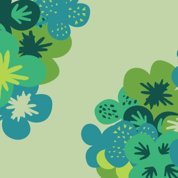 An abstract illustration of flowers in shades of green and blue.