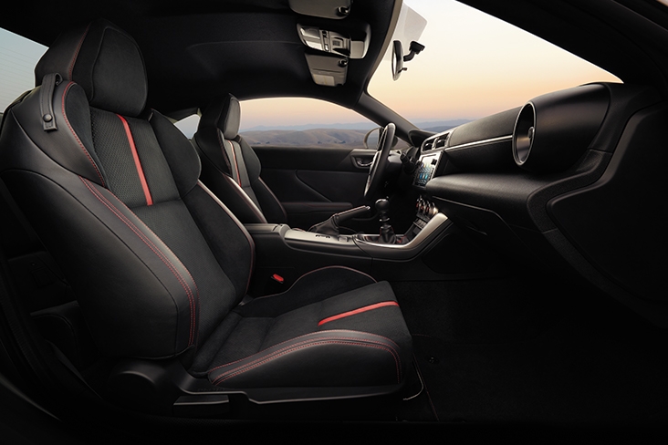 The black and red interior of the new 2022 BRZ.