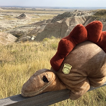 Stan Subaru, a young stegosaurus stuffed animal, sitting on a wooden fence with a vast landscape behind him of the Badlands’ prairieland and rock formations.