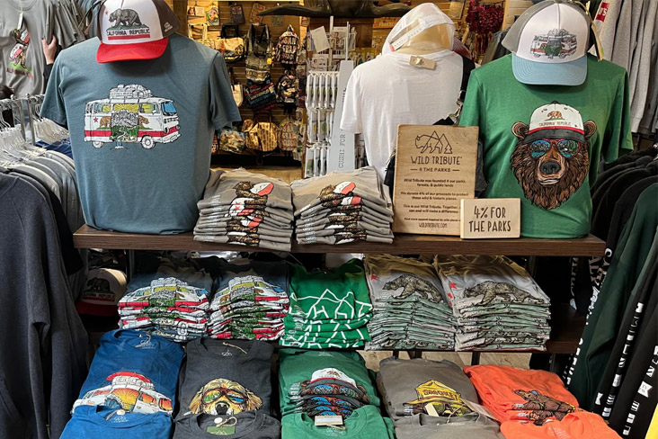 A display of Wild Tribute T-shirts featuring the California State flag, which has a grizzly bear with the words California Republic underneath it.