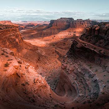 An aerial view of Canyonlands National Park in Utah, which is treeless and orange-red with a large horseshoe-shaped formation in the foreground.