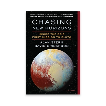 The cover of Chasing New Horizons, showing colorful Pluto.
