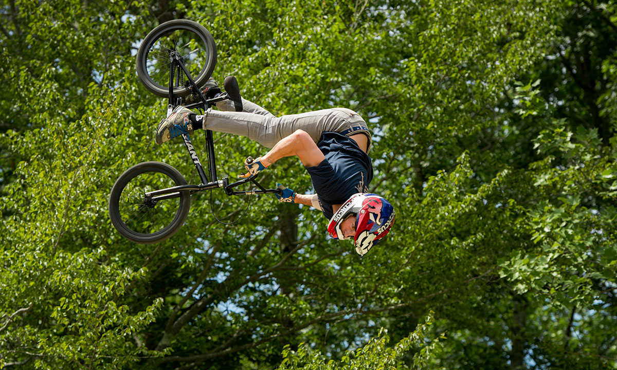 Travis Pastrana midair during a BMX run.