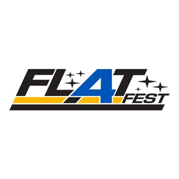 The FL4TFEST logo in black, blue and yellow colors on a white background
