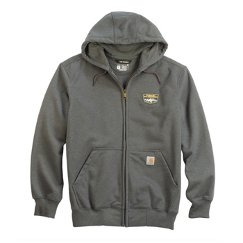 A gray zip-up hoodie with an embroidered Subaru Wilderness patch on the upper right chest. A small Carhartt® label is stitched on right-hand warmer pocket.