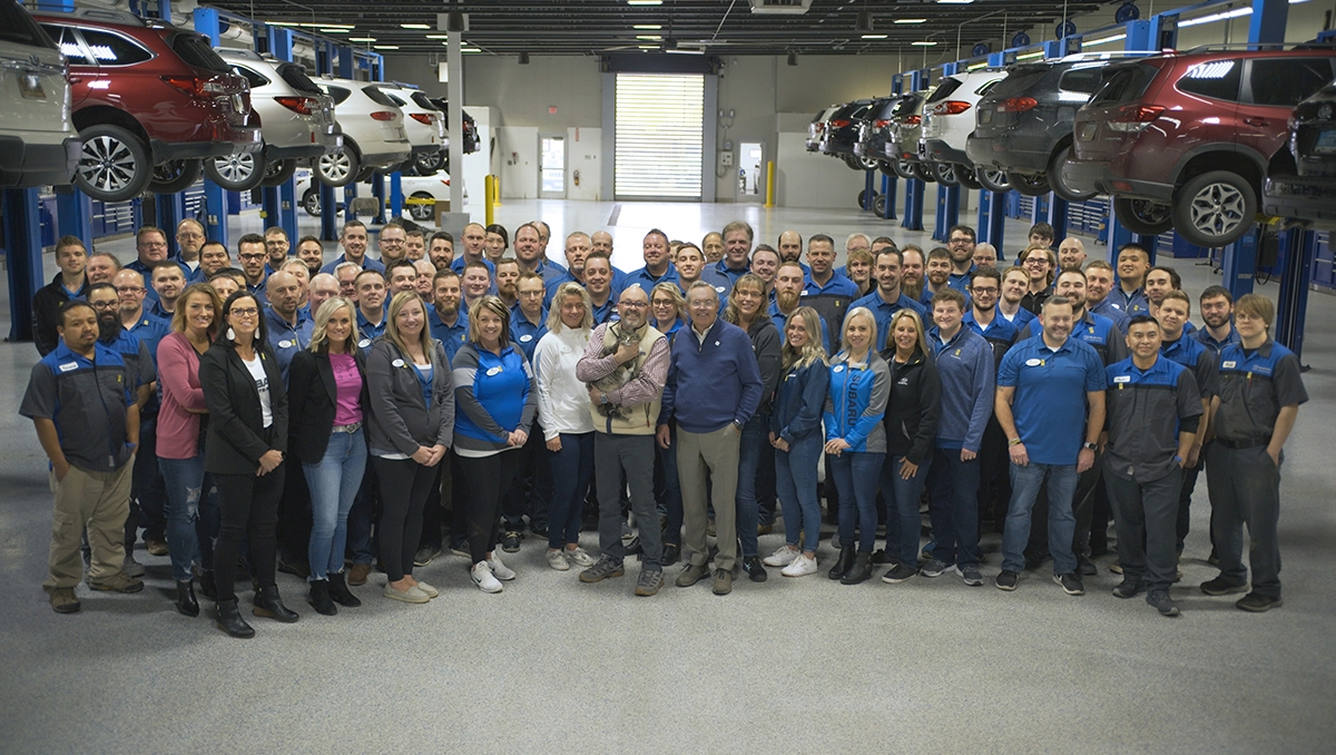 A photo of the staff of Schulte Subaru of Sioux Falls, South Dakota, which won 2020 Subaru Retailer of the Year