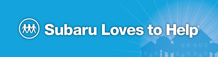 Subaru Loves to Help logo in light blue with an illustration of houses in a darker blue color.