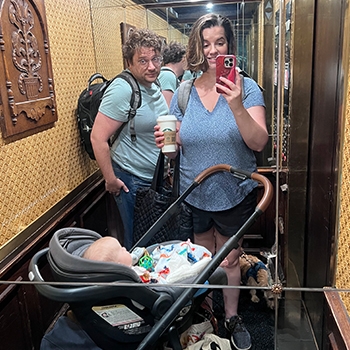 Megan Bungeroth taking a family selfie with her husband, Tim, and their son, Kirby, at The Cheshire hotel in St. Louis, Missouri.