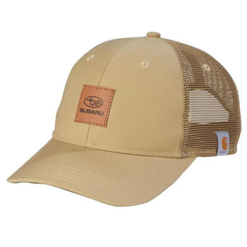 A khaki canvas baseball cap with mesh sides and back features a square leather patch on the front with the Subaru logo.