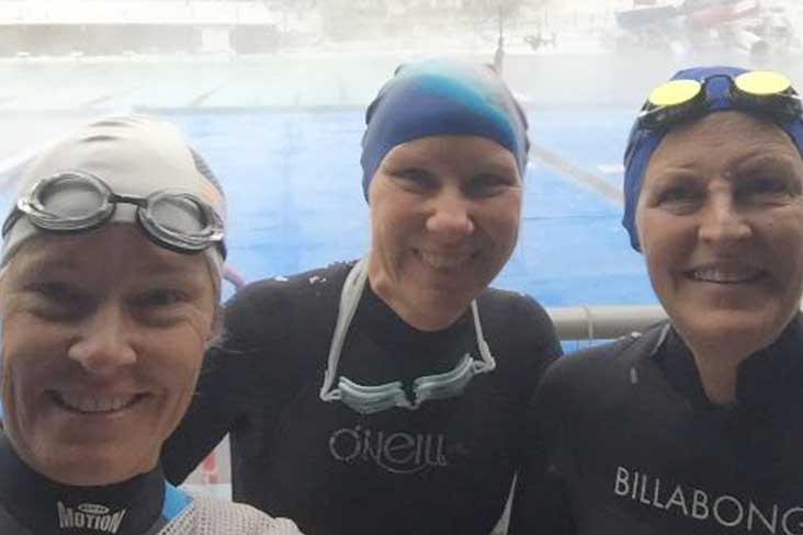 Jane Haefner with friends suited up for a swim at pool