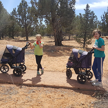 Two girls are volunteering at Cat World. They are walking the animals outside in strollers.