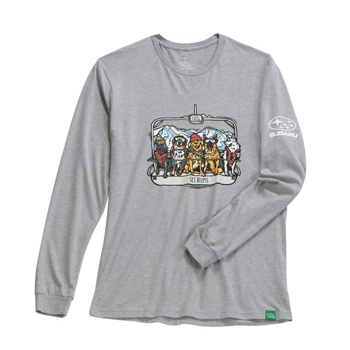 Wild Tribute Ski Bum Long Sleeve Tee. The design on the front features five dogs on a chairlift with snow-capped mountains behind them. The tee is in Ash Gray.