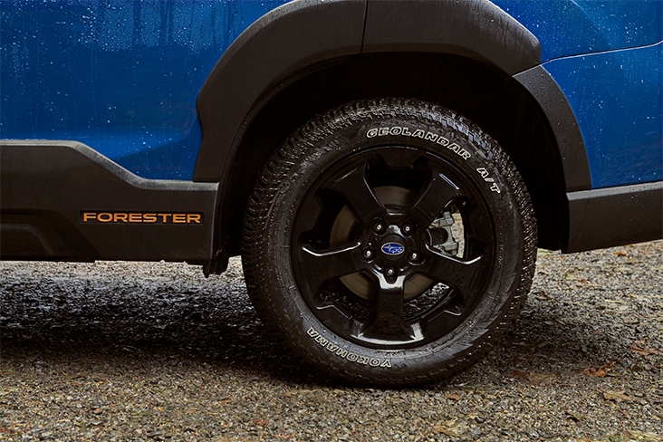 Close-up of a Yokohama Geolandar A/T tire on the Subaru Forester Wilderness.