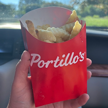 A close-up of a hand holding a serving of Portillo's fries.