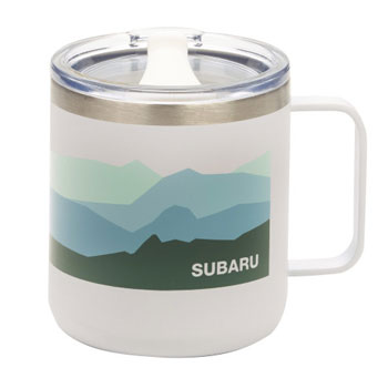 A clear-lidded mug with a blue mountain graphic and the words “SUBARU” in capital letters