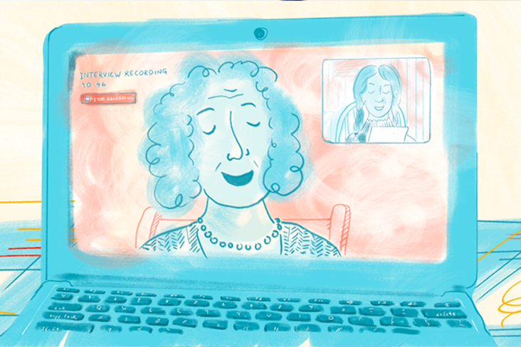 An illustration of a laptop. On the screen is a close-up of a woman with curly hair. It says Interview Recording. In the background is a second woman reading from a piece of paper.