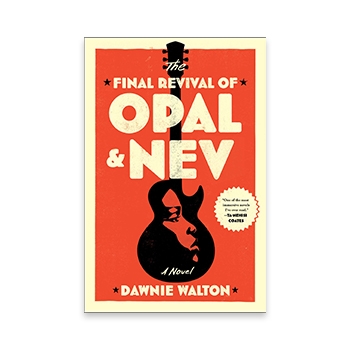 The cover of The Final Revival of Opal & Nev, consisting of a bright orange background with strong type and a guitar silhouette with a face silhouette inside of that.