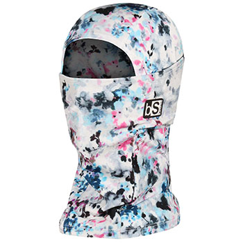 A closeup of a hood balaclava that covers the top of the head and lower half of the face. The primary color is white, but it has a floral pattern featuring the colors pink, light blue and black.