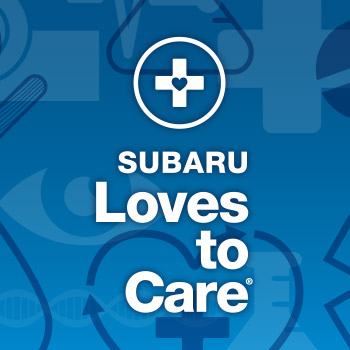 Subaru Loves to Care logo with Subaru Loves to Care in white lettering on a multicolored blue background