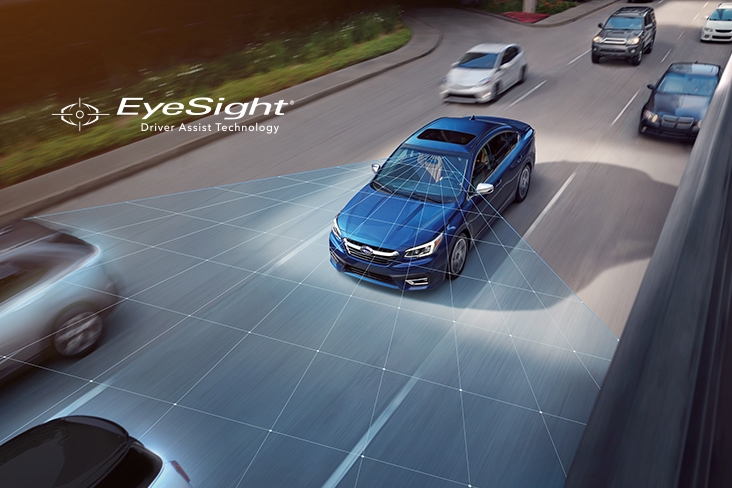 2021 Subaru Legacy using EyeSight Driver Assist Technology on the road.