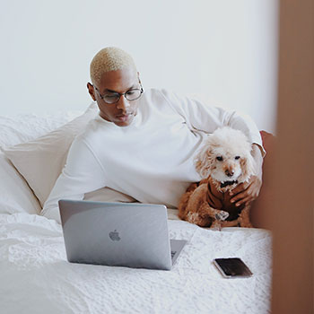 A young man, who is leaning against a pillow on a bed, is looking intently at a laptop screen. A poodle rests in front of him, and his hand is cradling the poodle's chest.