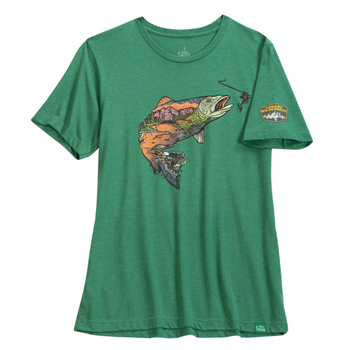 Wild Tribute Trout Tee in Heather Grass Green. The design on the front features a colorful trout, and the Subaru Wilderness logo is on the tee's right sleeve.