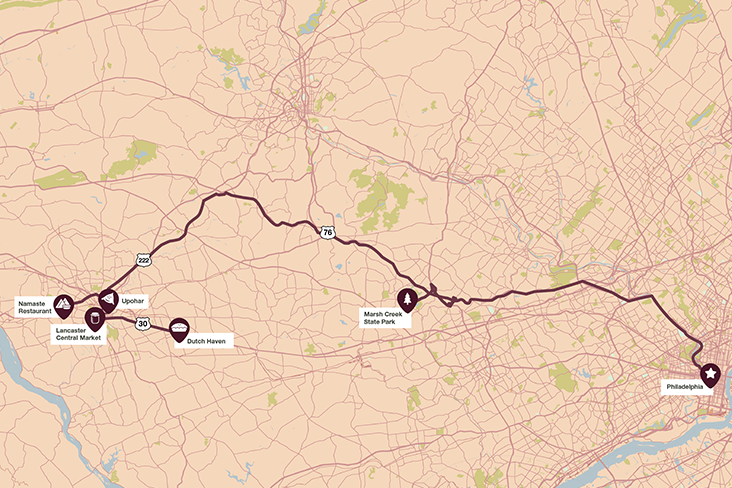Map of road trip from Philadelphia to Lancaster through Chester County