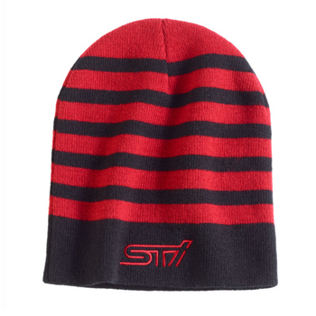 A red and black striped beanie with a red STI logo.