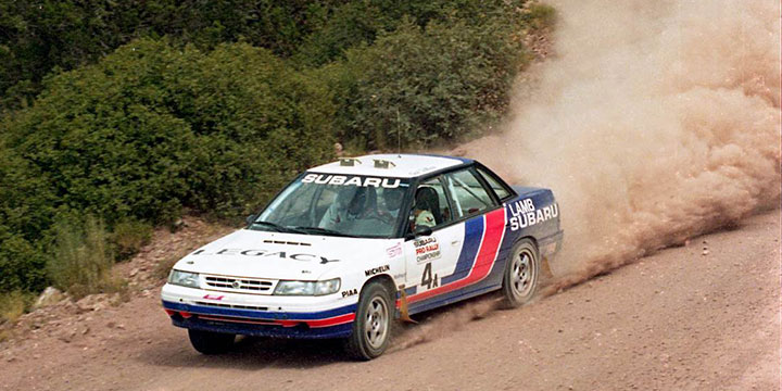 In 1991, Chad DiMarco and Eric Hauge win the POR Rally in a Legacy. Photo: Tracksidephoto.com