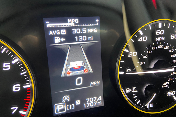 A closeup of the mpg display on the 2024 Subaru Crosstrek Sport, which shows an average mpg of 30.5.