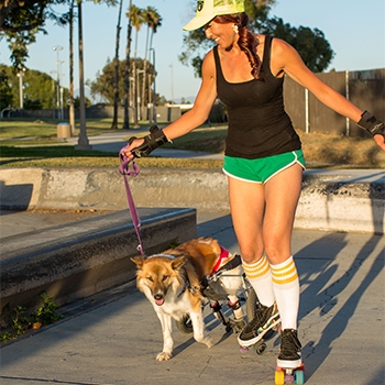 Lisa Chong is roller skating with her dog, Frida, who is on a leash. Frida’s fur is light brown and white, and she is a medium-sized dog. Chong is wearing green shorts, a black shirt and tube socks. There are palm trees in the distance.