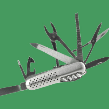 A black-and-white image of an open multitool on a green background