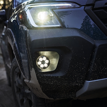 Close-up of the new LED fog lights with a hexagonal shape.