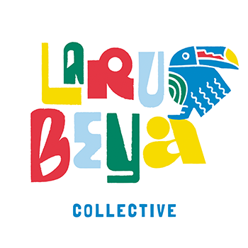 The Laru Beya Collective logo featuring illustrative type, bright colors and a toucan
