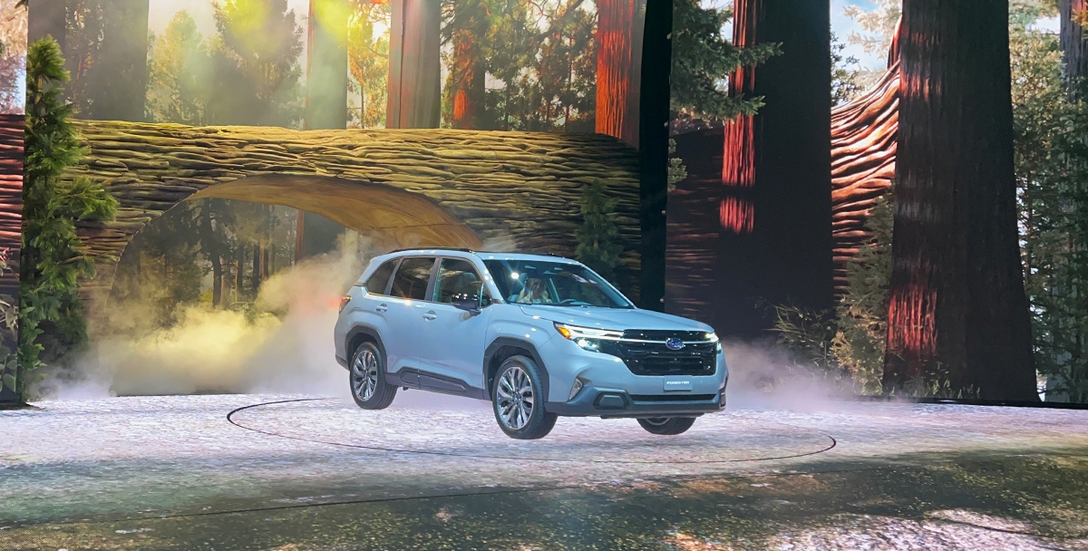 The 2025 Subaru Forester shown on stage at its introduction at the Los Angeles Auto Show on November 16, 2023.