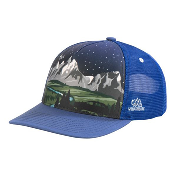 Wild Tribute Masterpiece Night Sky Cap featuring a starry sky and snow-capped mountains.