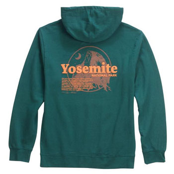 The back side of a teal hoodie with a screen-printed graphic of Half Dome in orange and the words “Yosemite National Park.”