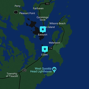 A map showing the area of Maine with the towns of Eastport and Lubec plus the West Quoddy Head Lighthouse.