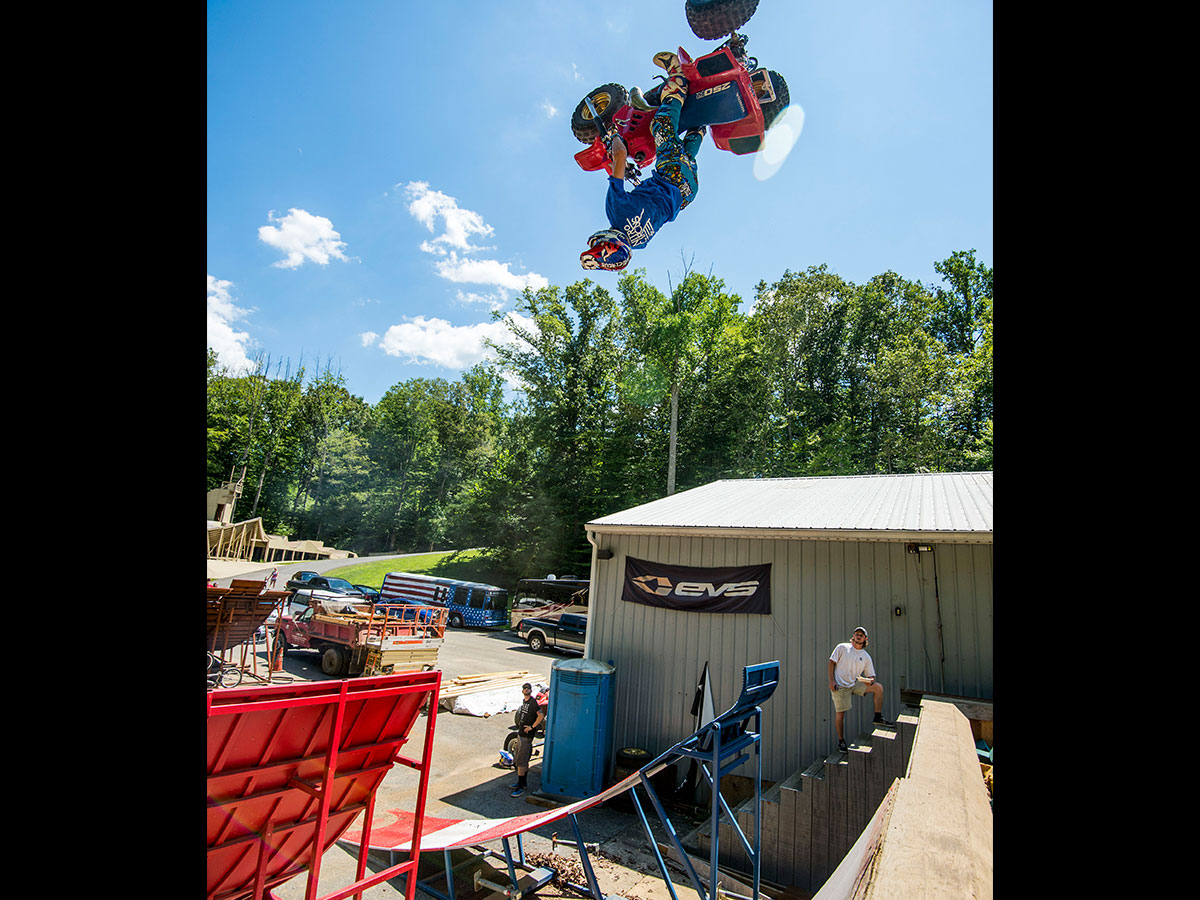 “Trevor Piranha” backflips a vintage ATC 250R into the foam pit.