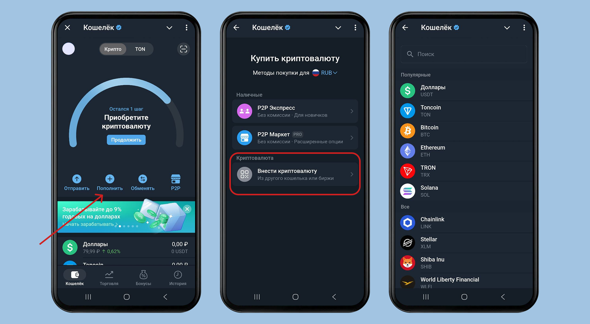 Пополнение Telegram Wallet из внешнего источника