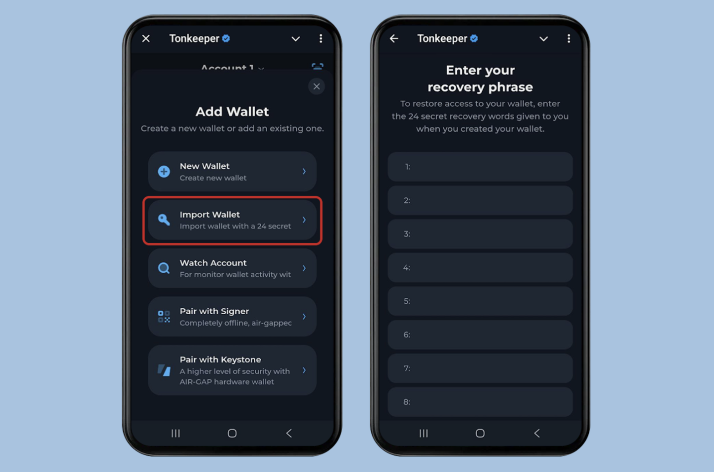 Импорт кошелька Tonkeeper