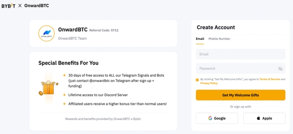 Opening Bybit account with OnwardBTC Referral Code.