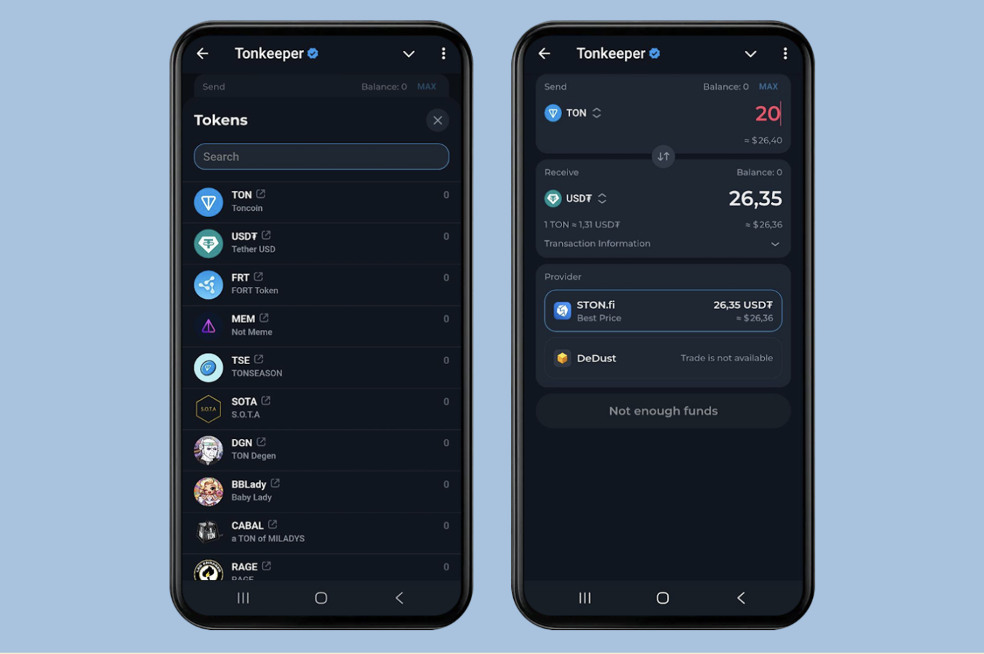 Обмен токенов в кошельке Tonkeeper