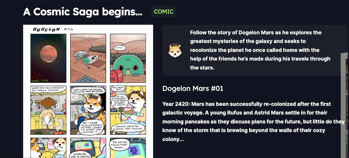Screenshot of Dogelon Mars fantasy story.