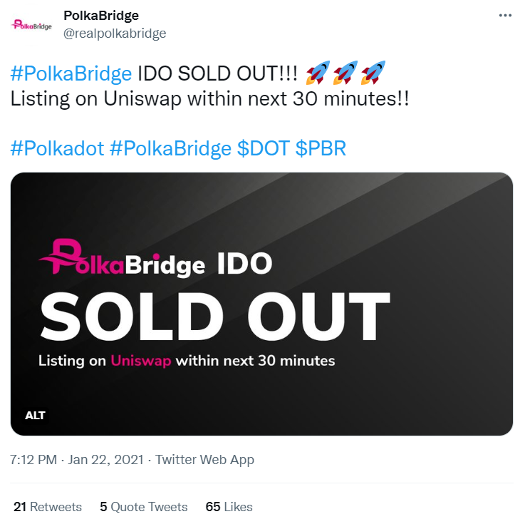 Tweet by PolkaBridge’s official account reporting that the IDO sold out.